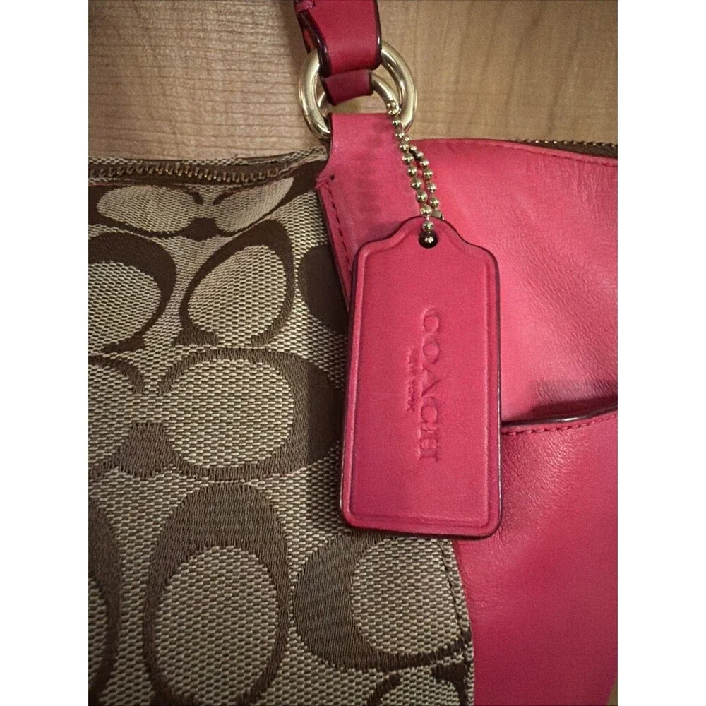 Coach Ava F37231 Signature Khaki Tote/ Pink Leather. Very Good Pre owned Cond!